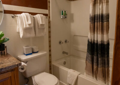 A clean, modern bathroom in our vacation home rentals features a bathtub and shower curtain, tiled backsplash, towels on racks, a toilet, a sink with a counter, and a small trash bin.