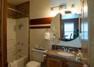 A bathroom in a vacation home with a sink, mirror, and light fixtures above. A toilet is next to a bathtub with a showerhead. Towel on a rack. The shower has built-in dispensers. Window in the background.