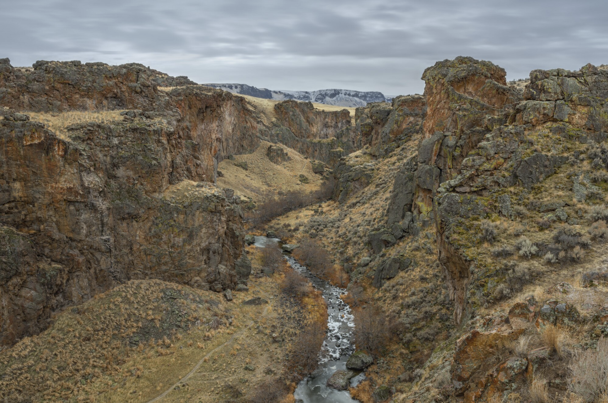 A winding river flows through a rocky canyon with steep cliffs and dry grass under a cloudy sky.